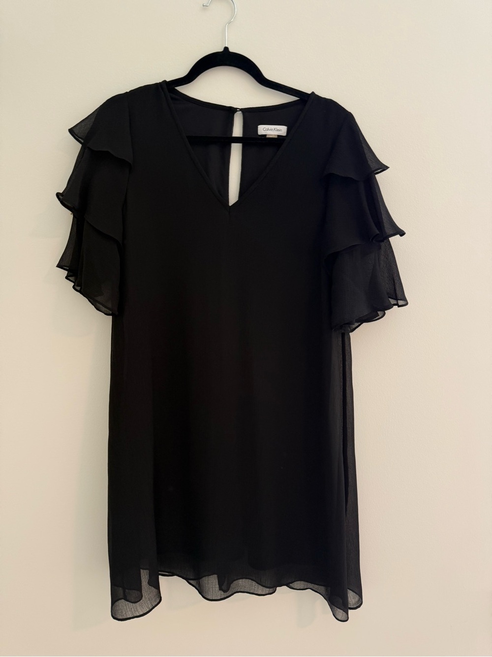 Calvin Klein Black Layered Ruffle Sleeve V-Neck Dress